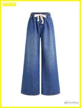 Women High Rise Wide Leg Baggy Jeans Drawstring Waist Pockets